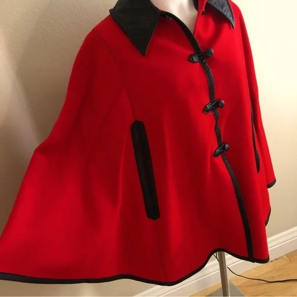 Vintage Pendleton Vest & Cape 12 Red Wool Black faux leather trim 2 piece